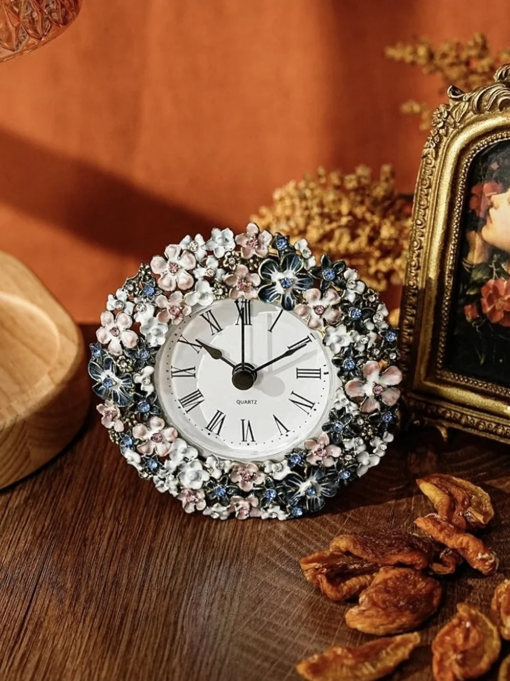 Small Round Floral Quartz Table Clock | Pink & Blue | NEW IN BOX |